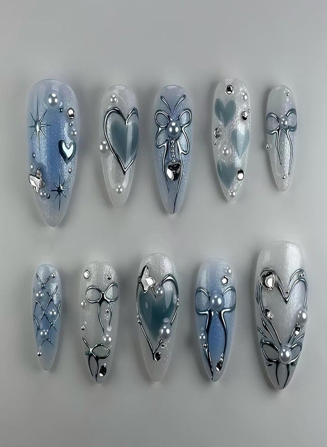 CJDLTS Pearl 3D Press on Nails Almond Medium Length Bow Love Heart Pattern Design Blue Smudge False Nail Full Cover Artificial Stick on Nails Stars Acrylic Fingernails DIY Glue on Nails for Women 24Pcs - Image 1